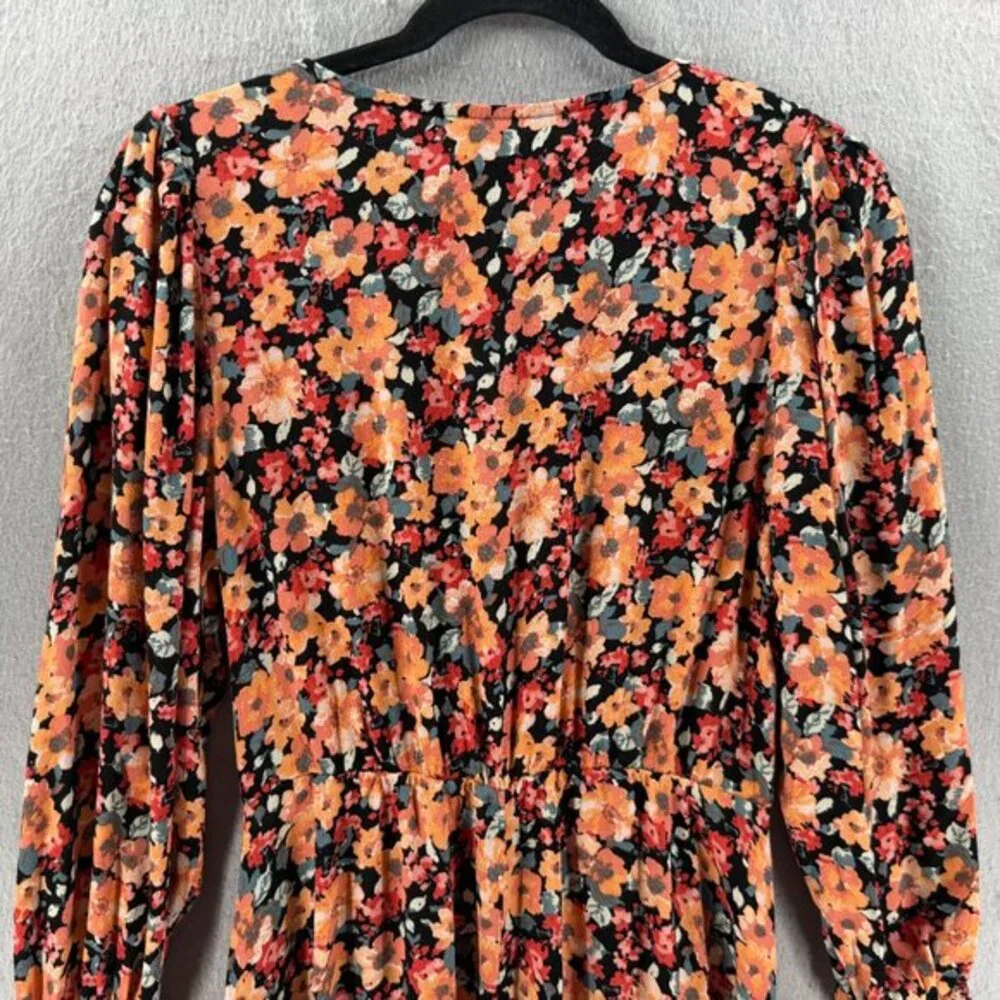 Wild Fable‎ Mini Faux Wrap Dress Womens M Orange Black Ditsy Print Whimsigoth